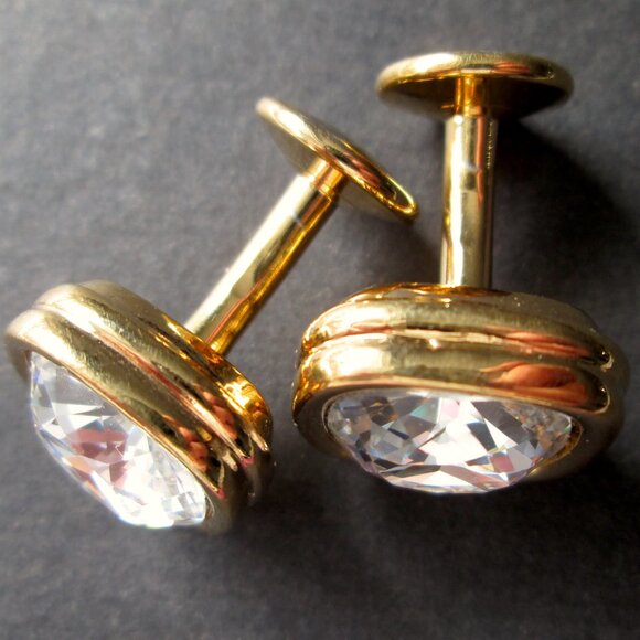 ✨ SWAROVSKI Swan Mark Cufflinks Cuff Links Clear Crystals Gold Tone - Picture 10 of 12